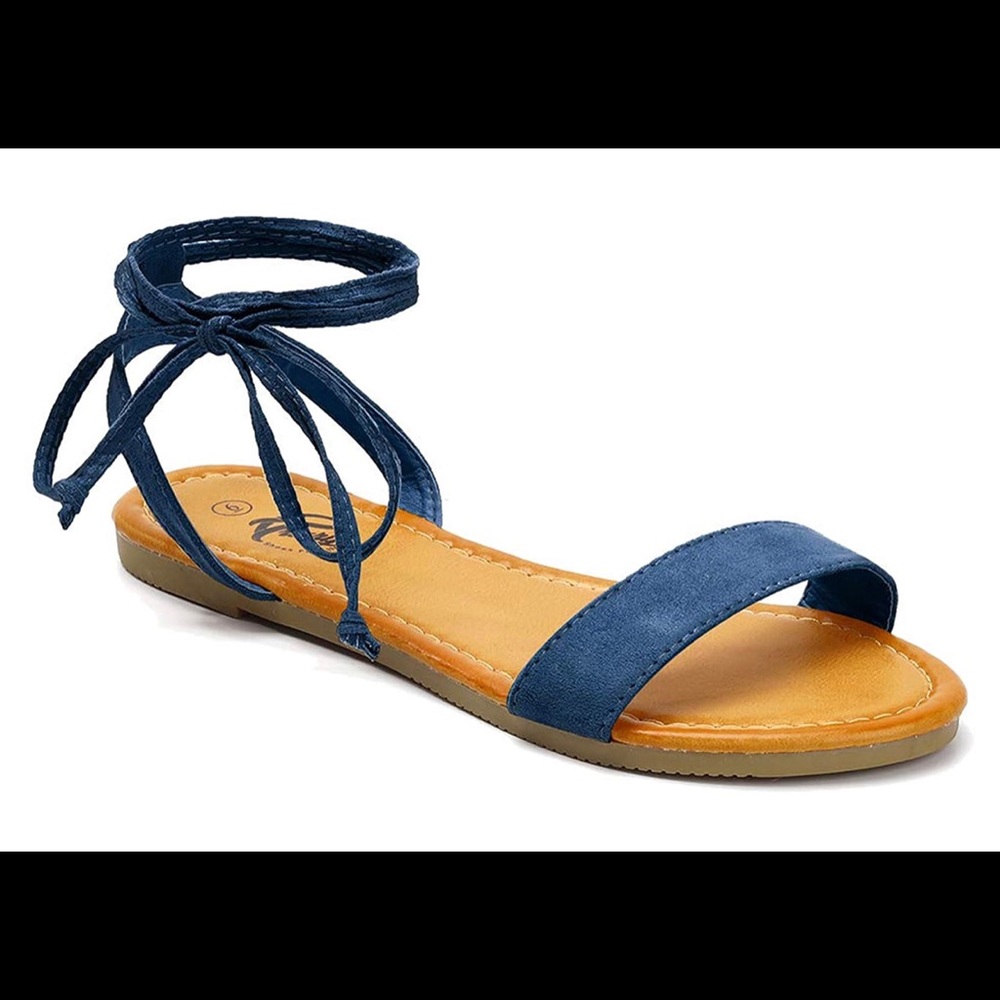 Open Toe Tie Ankle Wrap Flat Sandals Navy size 8